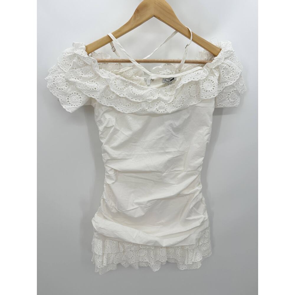 Bodycon Ruched Mini Dress Size S White Milkmaid Bridal Birthday Coquette Ruffles